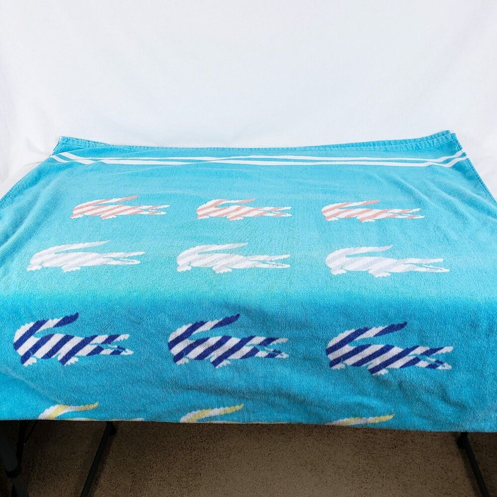 Lacoste Alligator Logo Print Beach Towel Teal Blue 100% Cotton 66" x 37'
